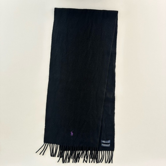 Polo Ralph Lauren Scarf Unisex Black Lambswool Purple Pony Fringe Italy Luxury - Picture 2 of 9